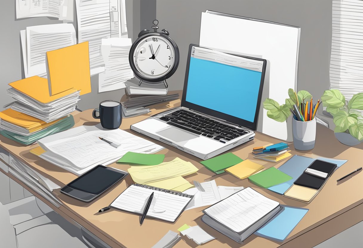 A desk with a computer, open document, and pen. Papers scattered with notes. A clock on the wall