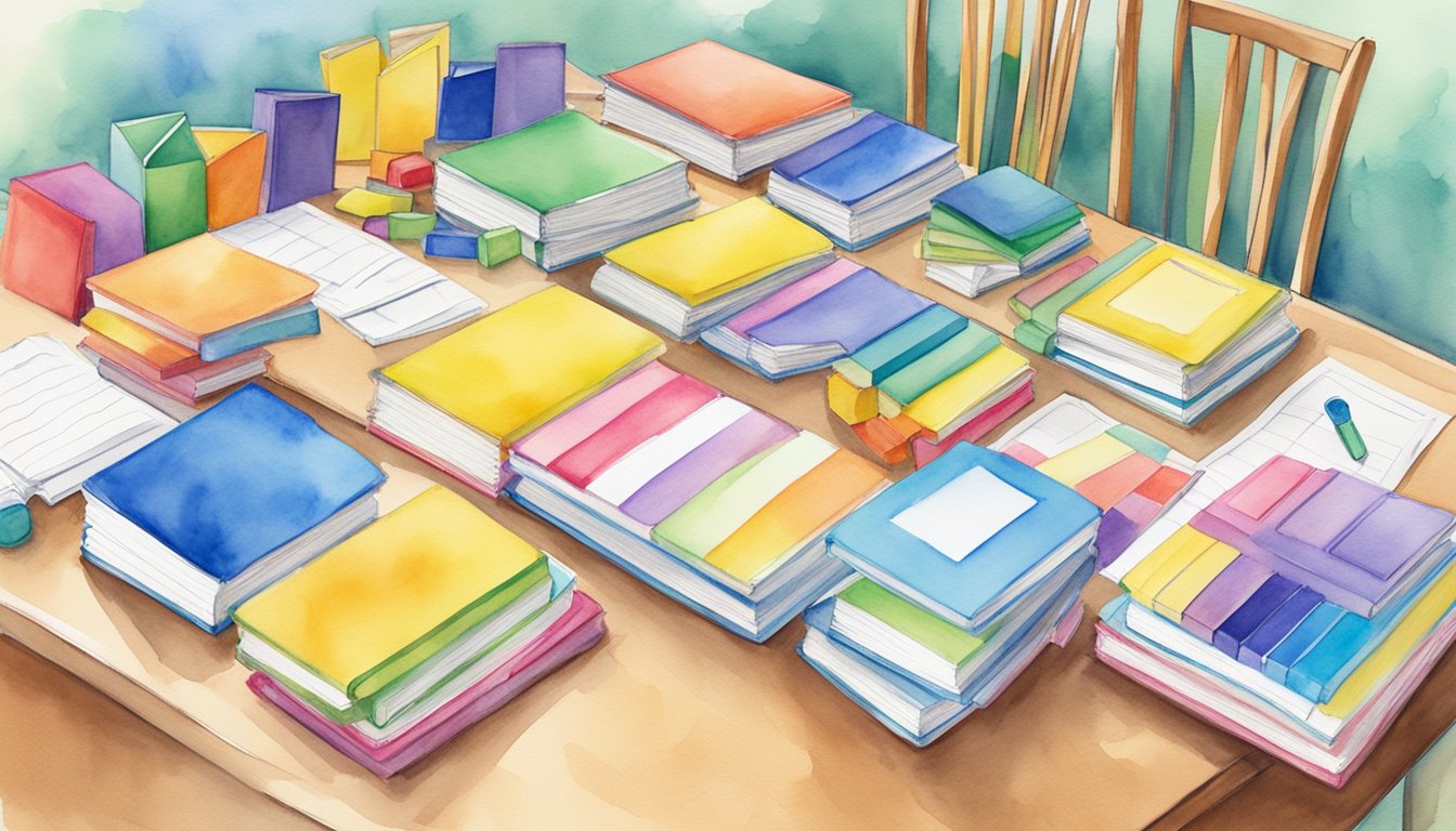 A colorful array of math workbooks, manipulatives, and teacher's guides arranged neatly on a table, ready for a first-grade homeschool curriculum