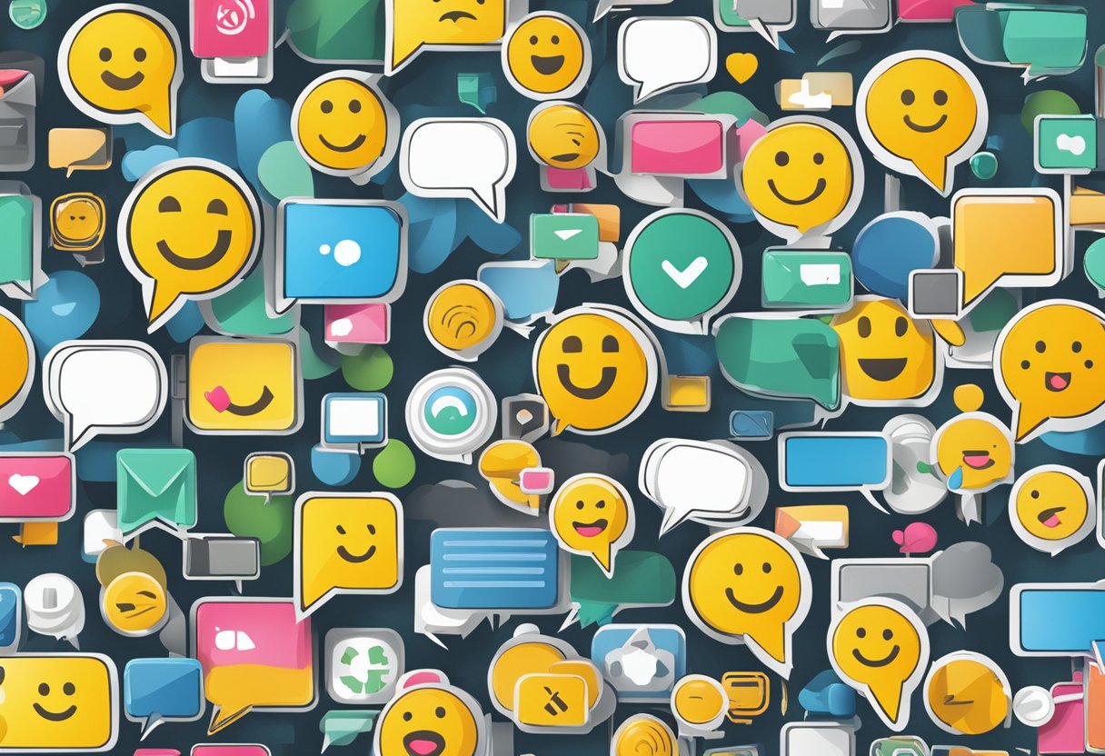 Various communication tools (e.g. chat bubbles, speech bubbles, email icons) surround a central discussion board post. Emojis and exclamation points add emphasis