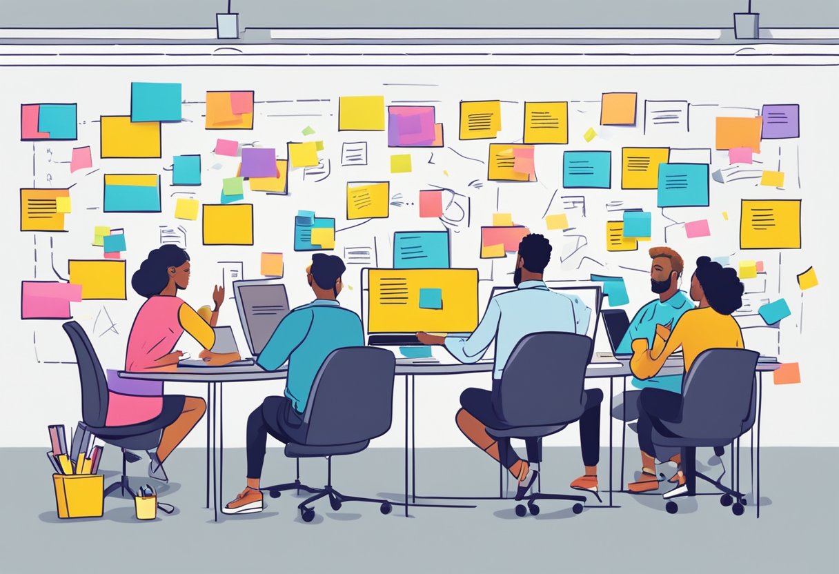 A diverse group of people typing on laptops, surrounded by colorful post-it notes and brainstorming ideas on a whiteboard