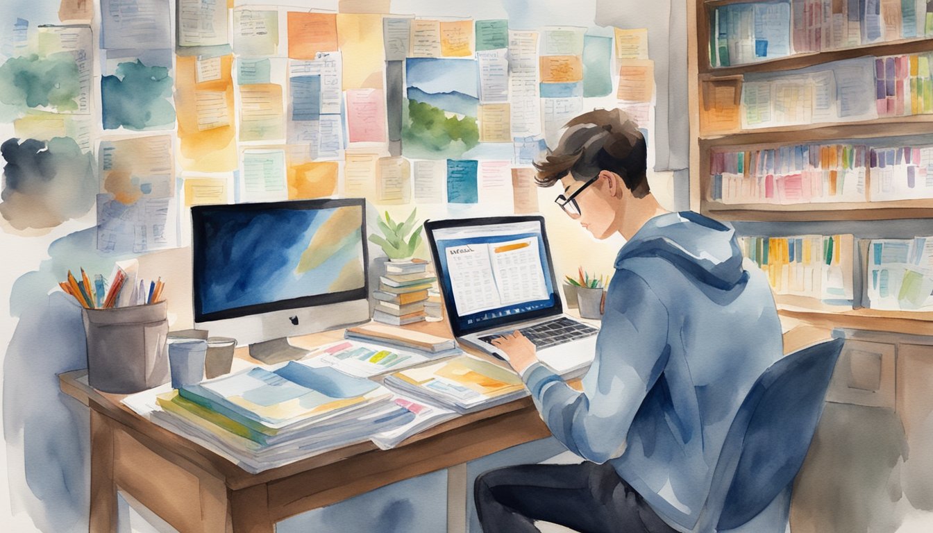 A desk cluttered with college brochures, notebooks, and a laptop.</p><p>A student sits surrounded by study materials, deep in thought.</p><p>A calendar on the wall marks important deadlines