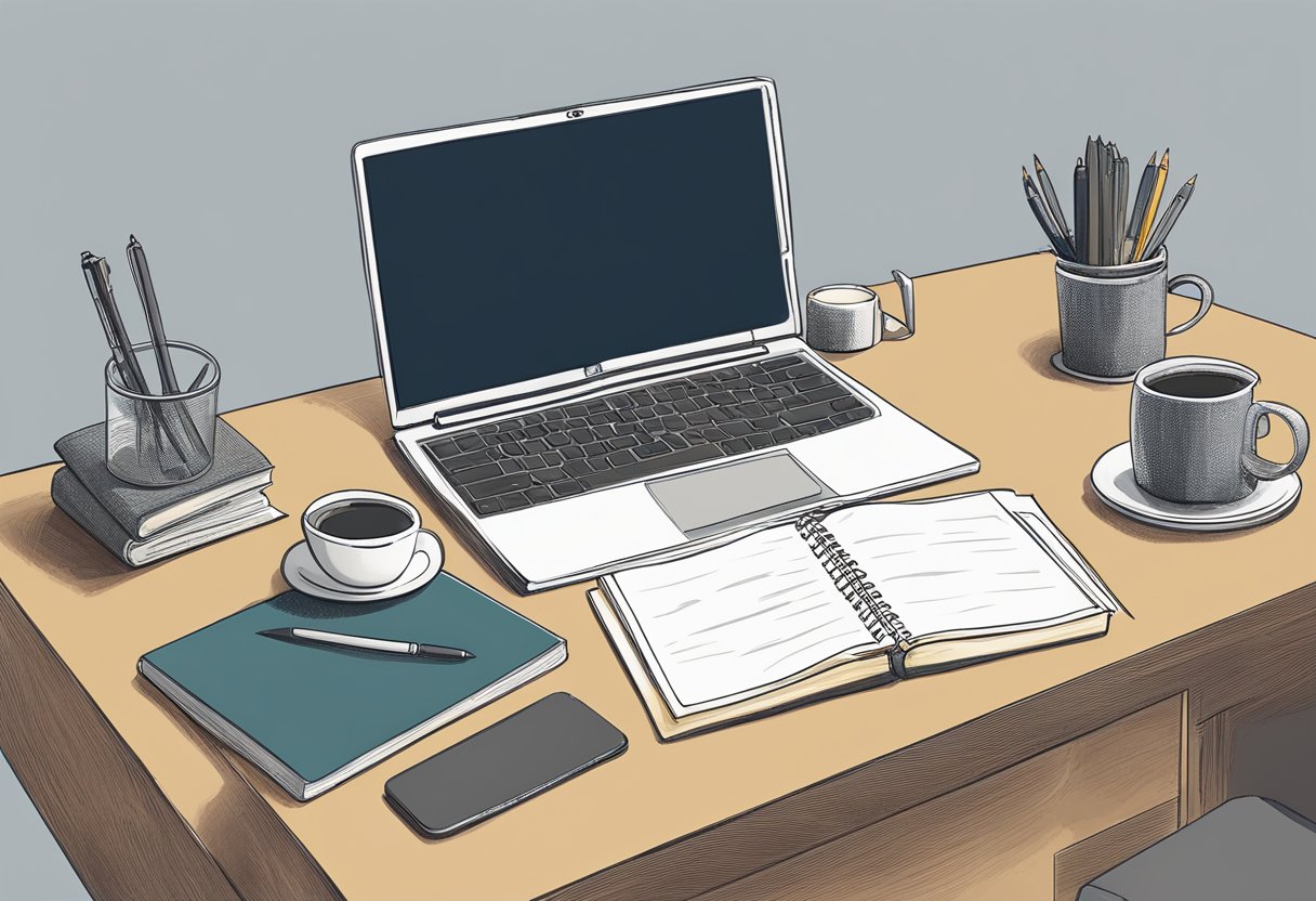 A laptop open on a desk with a discussion board post displayed, surrounded by a pen, notebook, and coffee mug