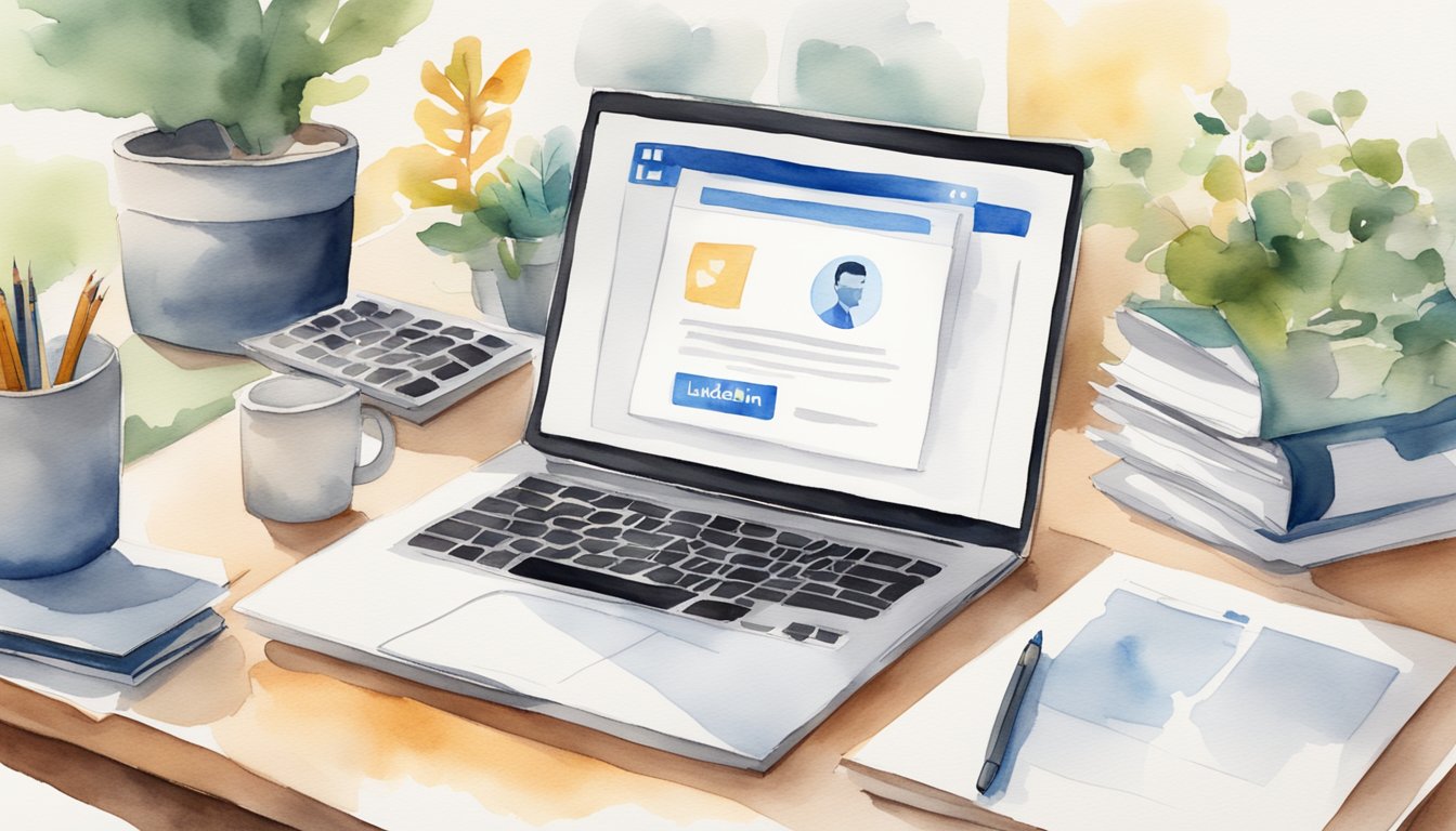 A desk with a laptop open to LinkedIn Learning's "Acing Your Interview" course, surrounded by job interview preparation materials