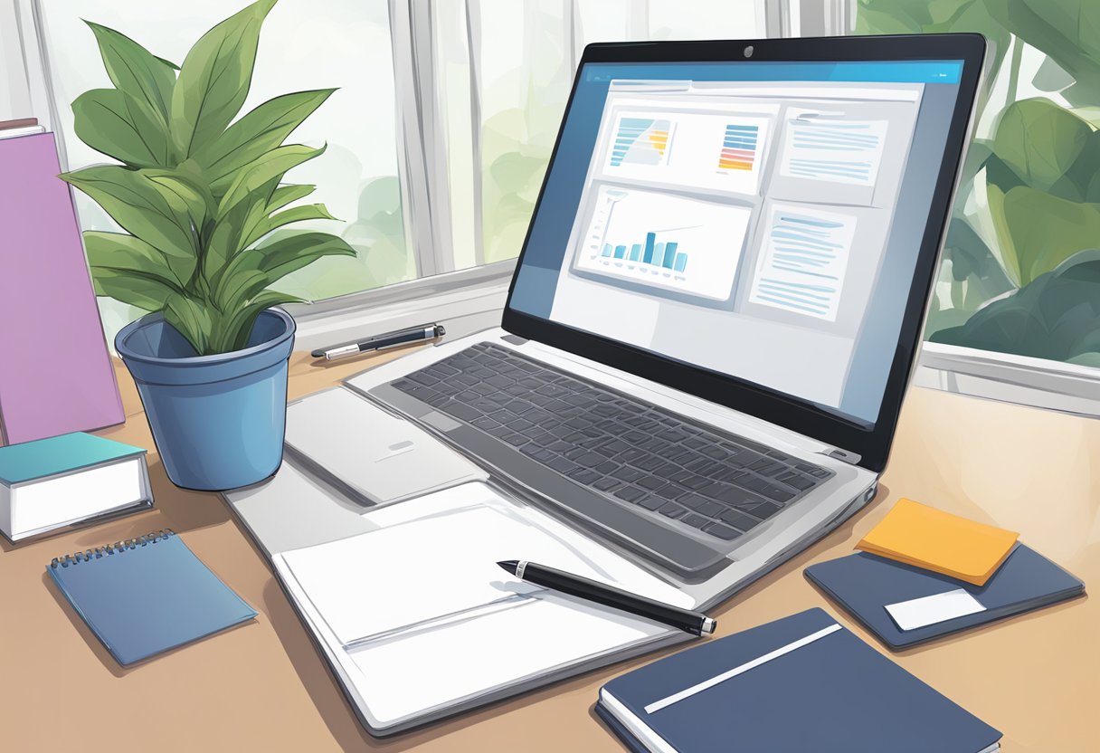 A laptop open on a desk, with a blank discussion board post displayed. A pen and notebook sit beside it, ready for brainstorming