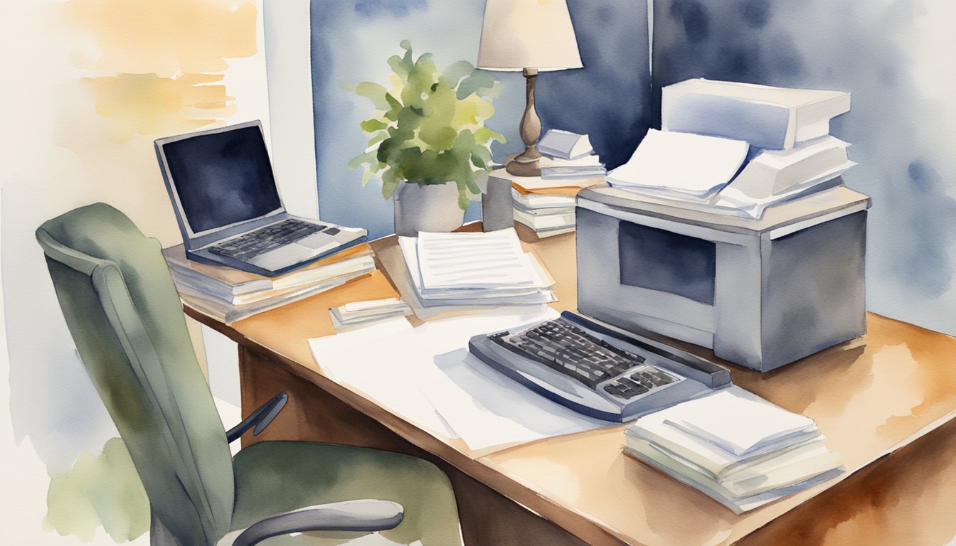 A professional setting with a desk, chair, and computer.</p><p>A stack of resumes and a notebook with "Interviewing Techniques" on the cover