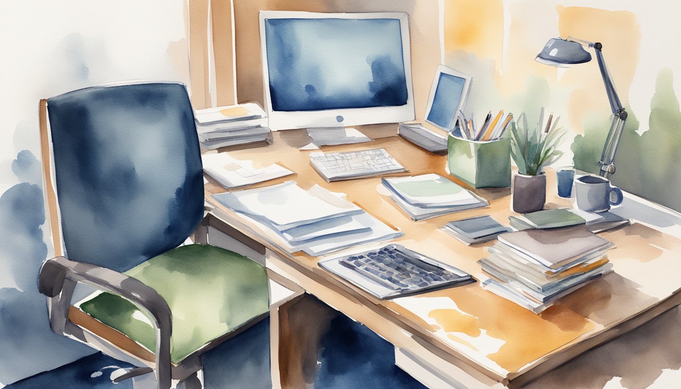 A professional setting with a desk, chair, and computer.</p><p>A stack of interview preparation books on the desk.</p><p>A confident, professional atmosphere