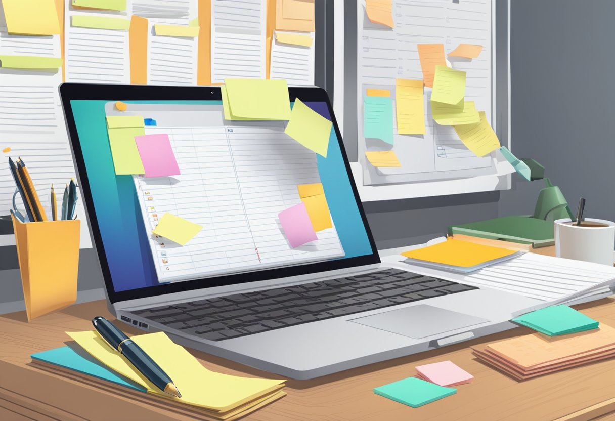 A laptop open on a desk, with a cursor hovering over a "Reply" button. A stack of papers and a pen sit nearby. A bulletin board with sticky notes and a calendar hangs on the wall