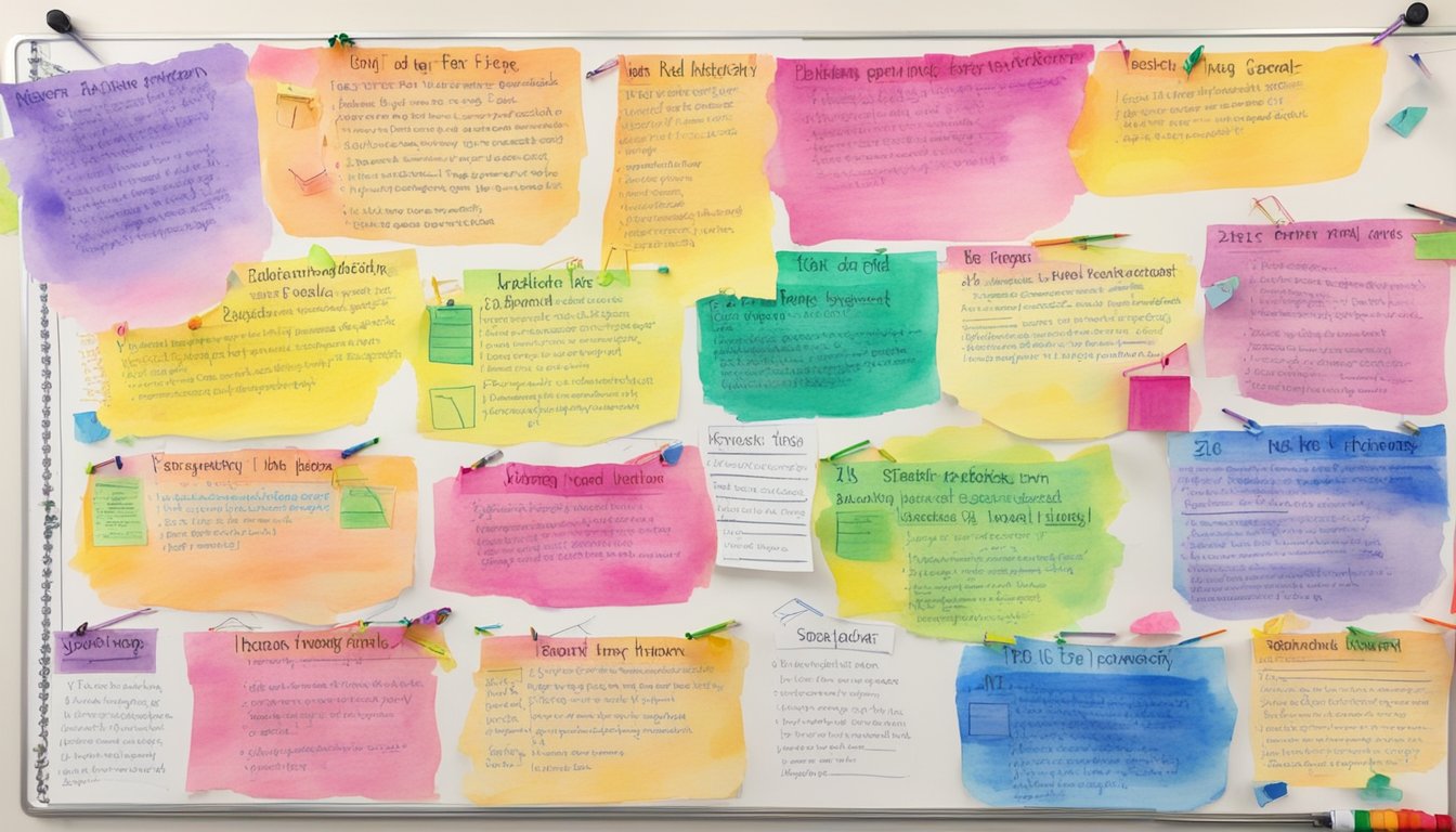 A bulletin board displaying 8 colorful tips for writing effective IEP goals, surrounded by student drawings and input