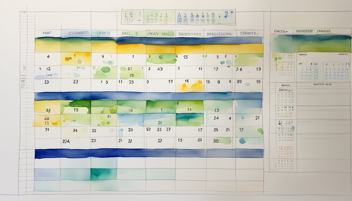 A calendar with marked deadlines and a progress chart being reviewed