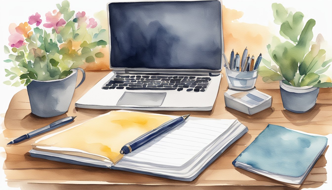 A desk with a laptop open to a document titled "8 Tips for Writing Effective IEP Goals." A pen and notebook sit next to the laptop, ready for note-taking