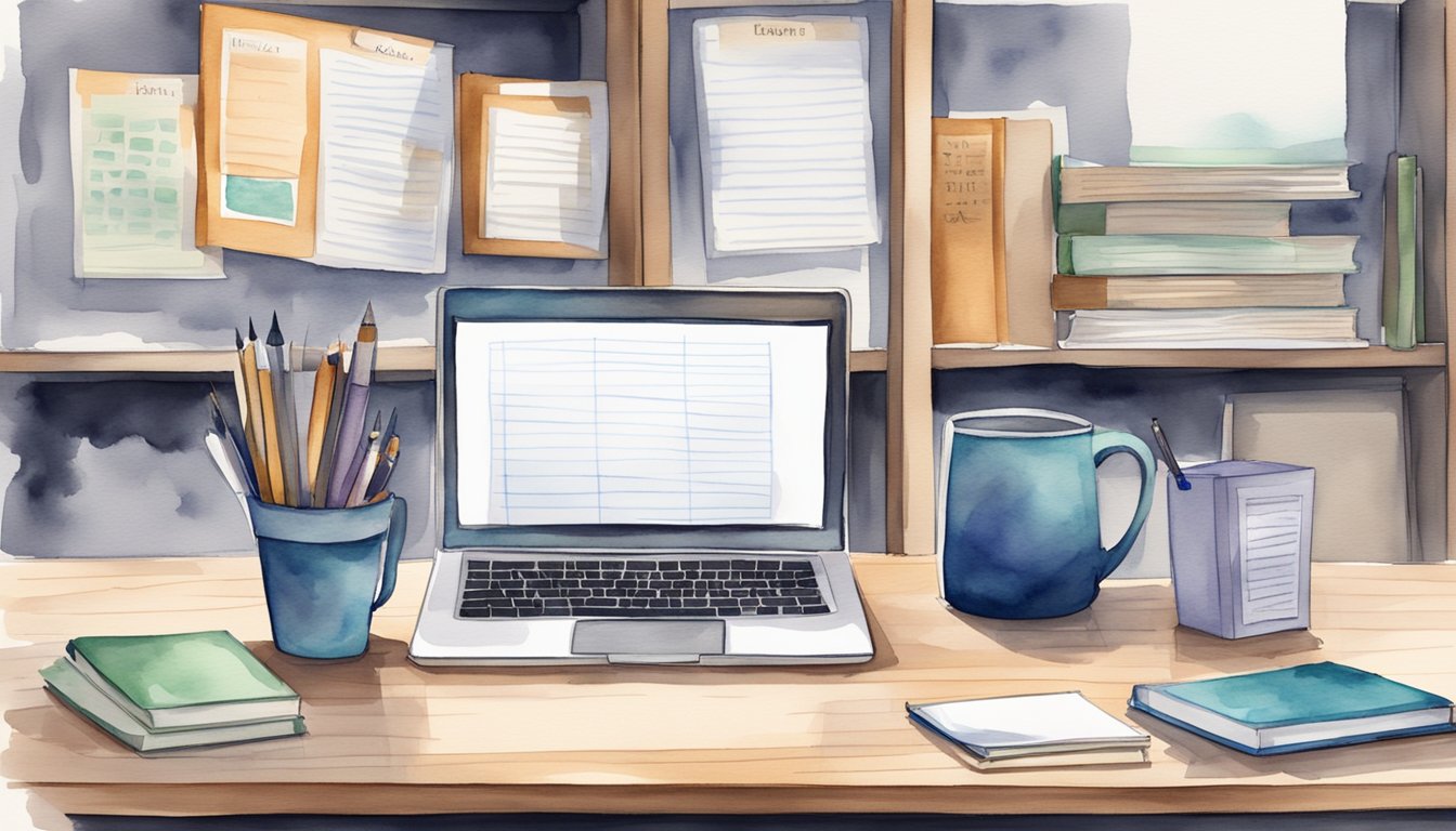 A desk with a laptop, notebook, and pen.</p><p>A whiteboard with job interview tips.</p><p>A bookshelf filled with relevant resources.</p><p>A clock showing the time for a scheduled interview