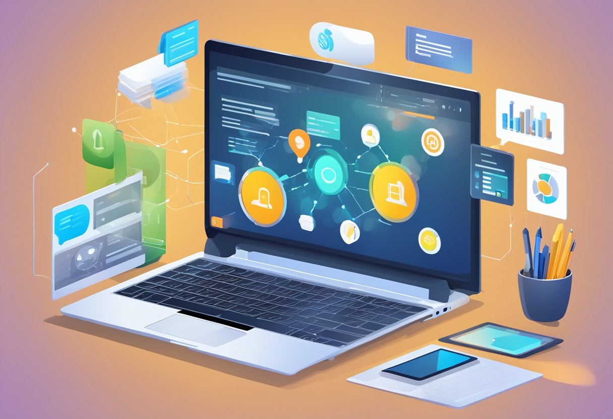 A laptop displaying a discussion board with various comments and responses, surrounded by technological devices and tools for engagement