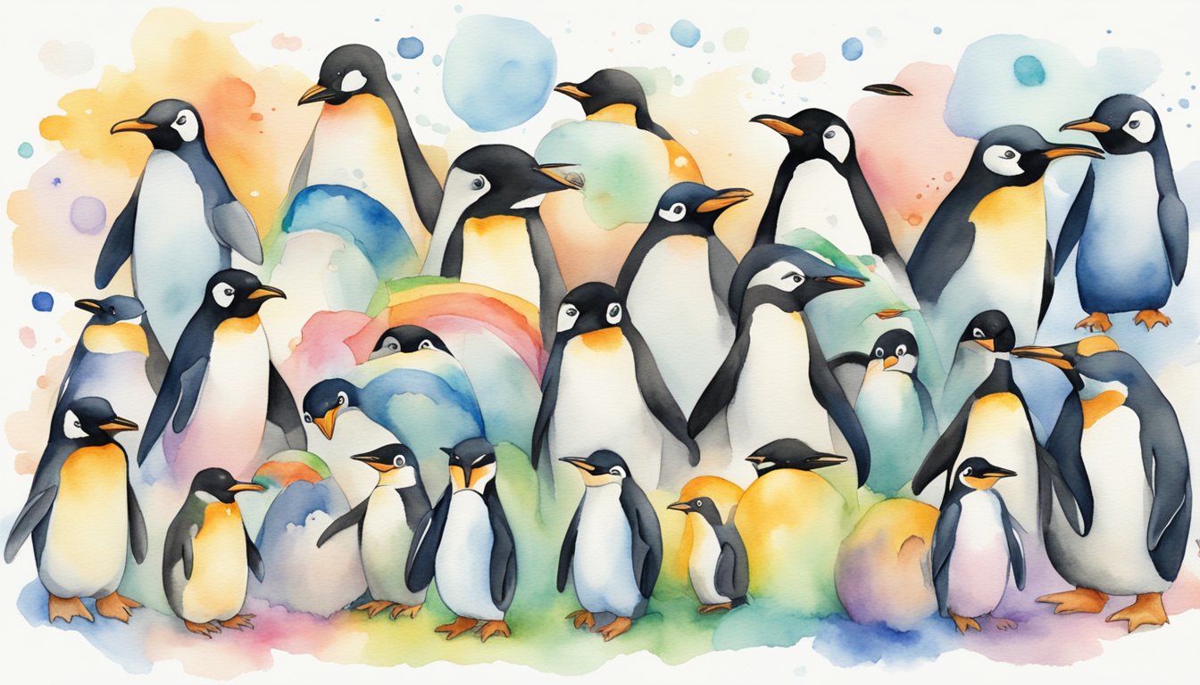 A colorful array of cartoon penguins engaging with 8 language learning platforms, each labeled with a different language flag