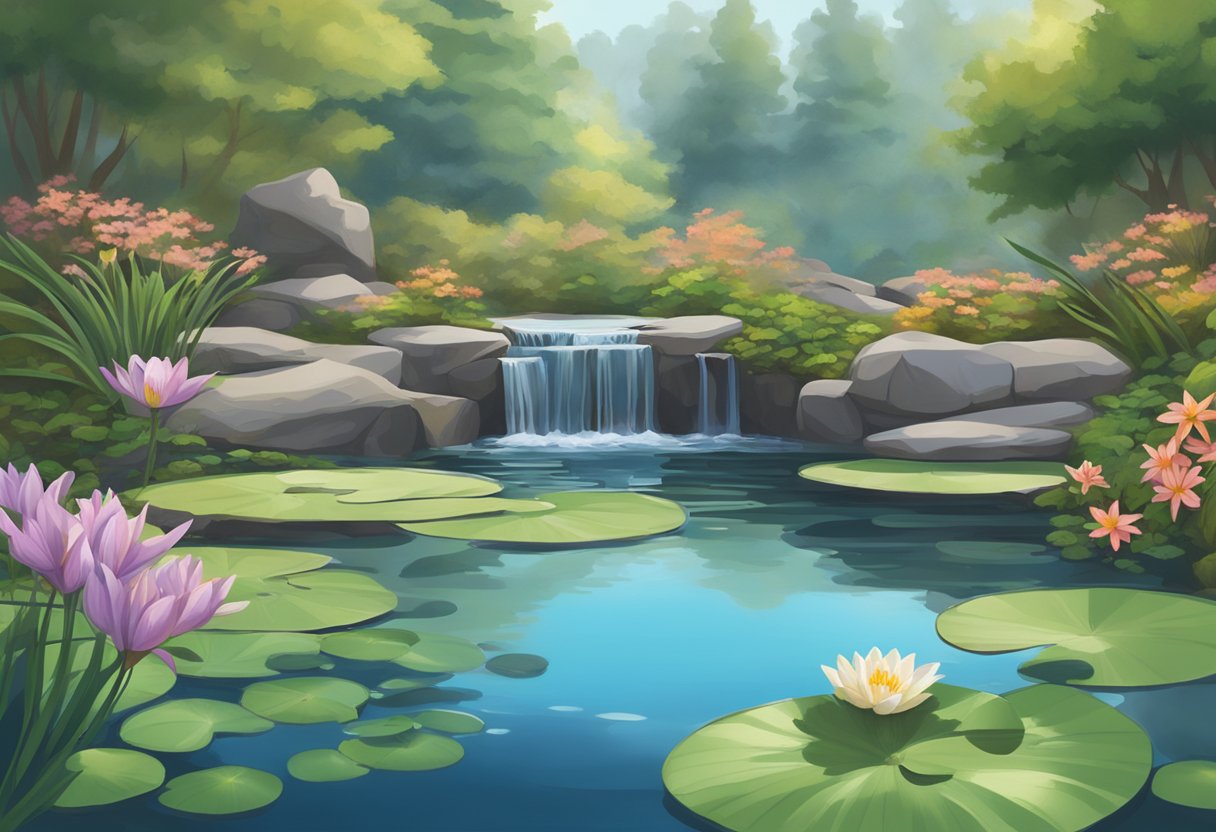 A serene pond surrounded by native plants and rocks, with a gentle waterfall and lily pads floating on the water