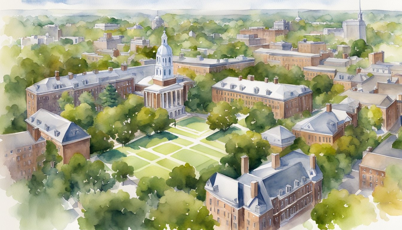 Aerial view of Harvard University with 8 prominent college buildings, surrounded by lush greenery and modern STEM facilities