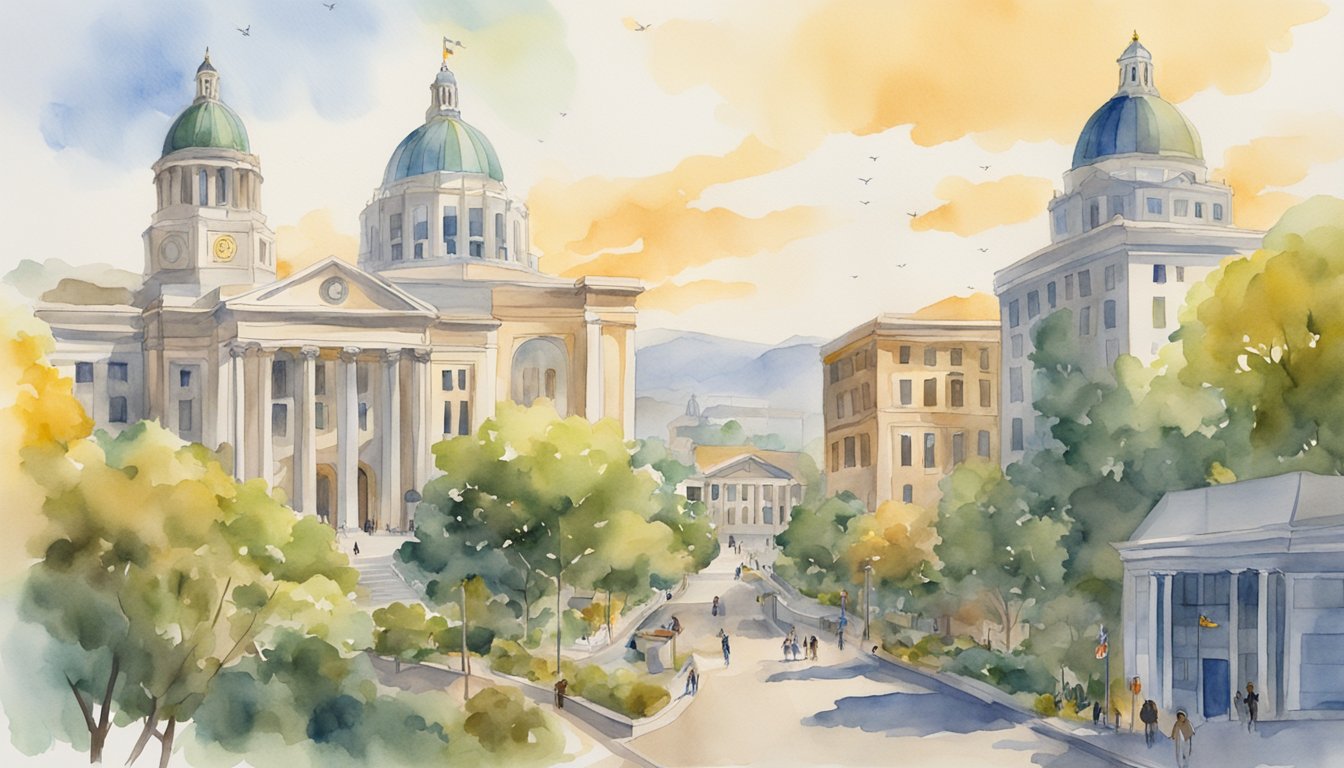 The scene depicts the University of California, Berkeley with iconic buildings and a diverse array of STEM-related symbols and equipment