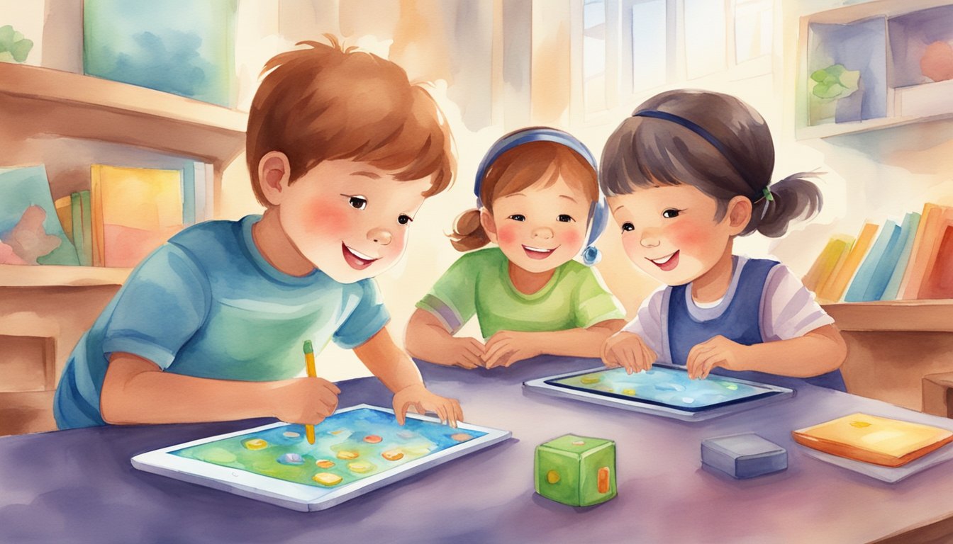 Children use colorful language learning platforms on tablets, with interactive games and engaging characters, to learn new languages