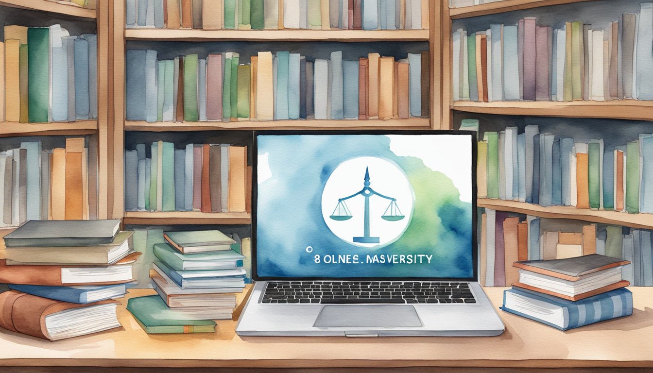 A laptop displaying Ball State University's 8 online master's programs in psychology, surrounded by books and study materials