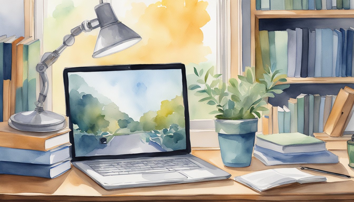 A laptop displaying UC Berkeley's online psychology master's programs, surrounded by books and a desk lamp