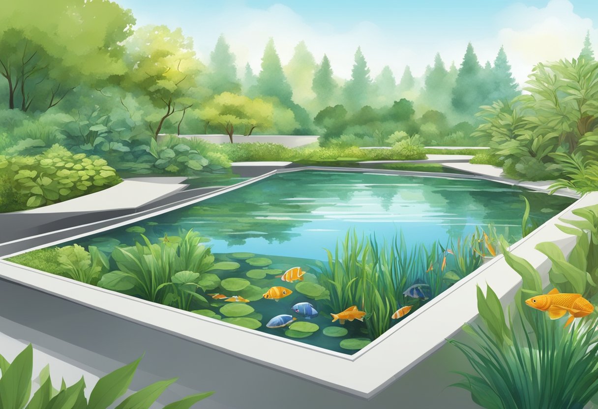 A clear pond with a variety of aquatic plants and fish, surrounded by lush greenery, with a modern, efficient filtration system discreetly integrated into the landscape