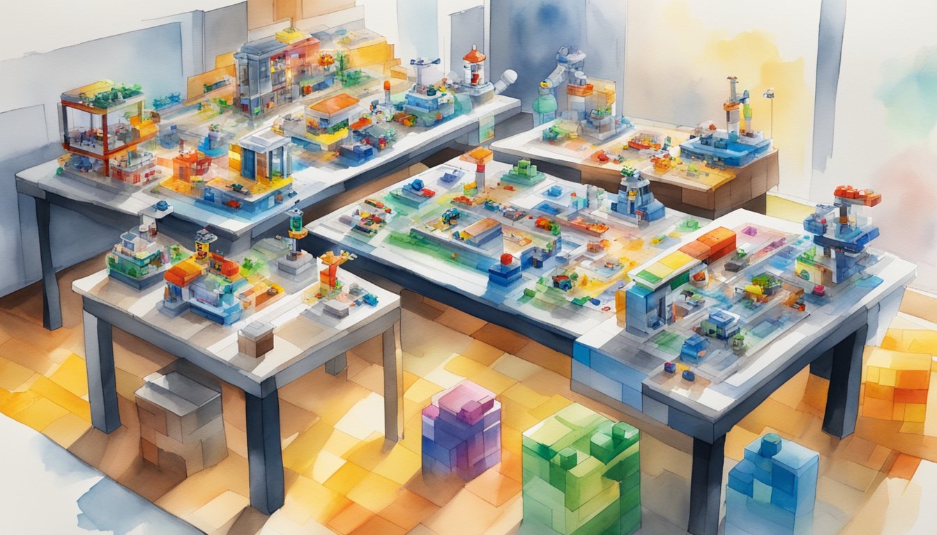 A colorful table with 8 LEGO Boost robotics kits arranged neatly, surrounded by various building blocks and electronic components