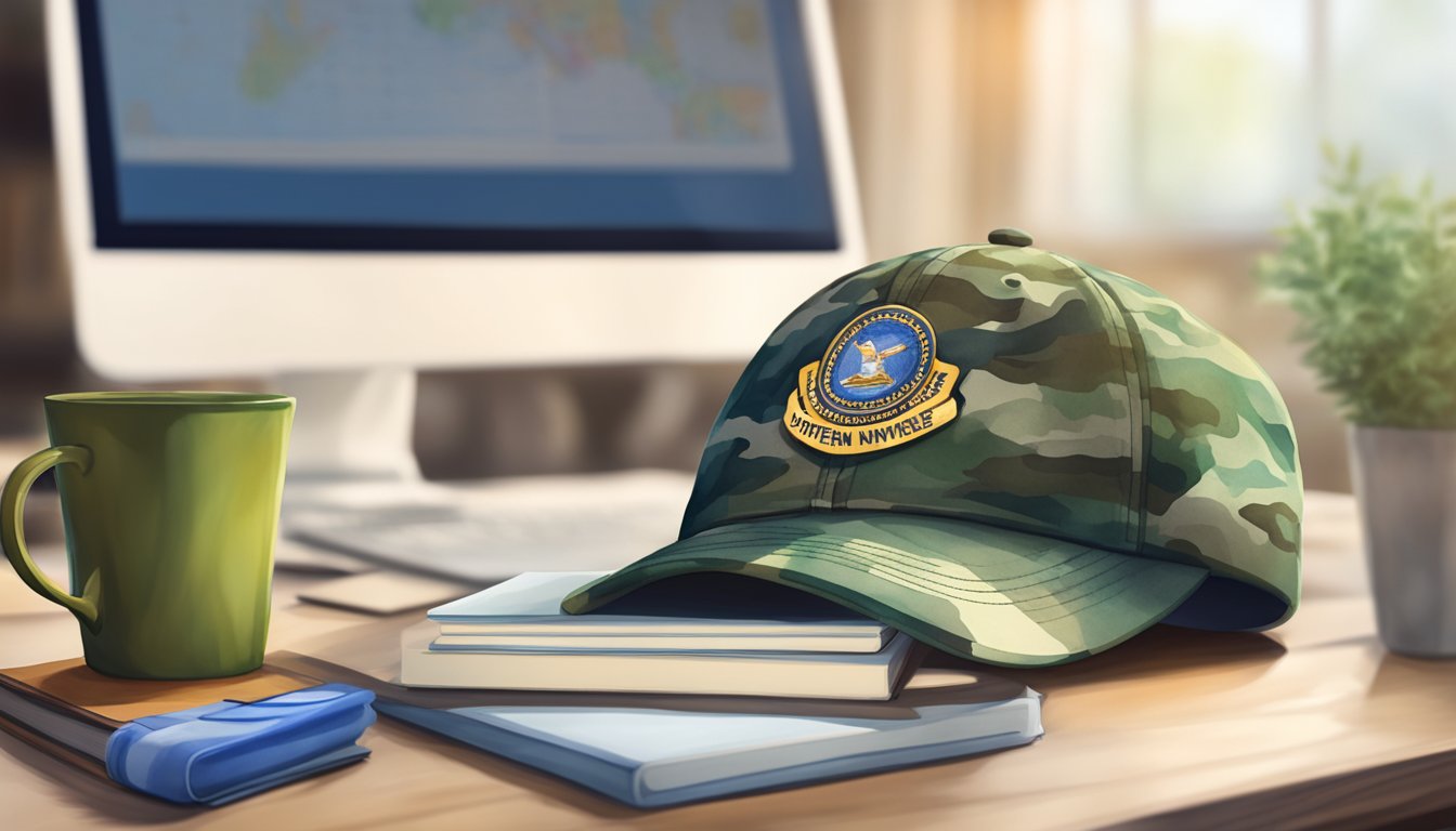 A military veteran's cap rests on a desk next to a laptop displaying "Southern New Hampshire University: 8 Top-Rated Online Colleges for Military Veterans." A stack of books and a mug of coffee complete the scene