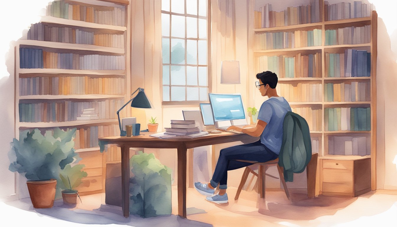 A computer science student at USC attends online classes, surrounded by books, a laptop, and a cozy study space