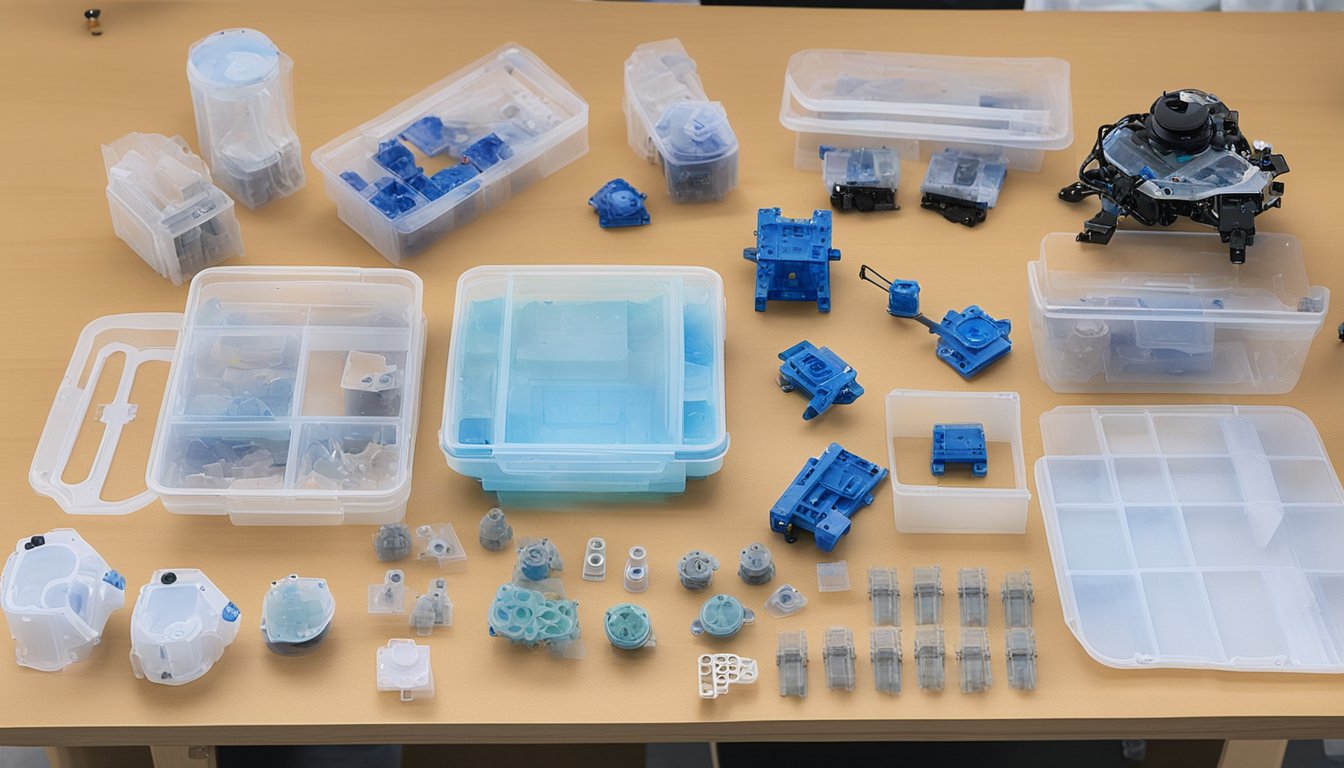 Eight VEX Robotics EDR kits arranged on a table, with various parts and components neatly organized and ready for assembly