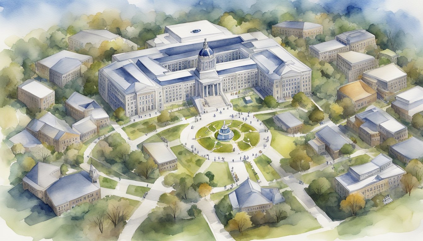 An aerial view of Penn State World Campus surrounded by 8 military-themed symbols representing top-rated online colleges for veterans