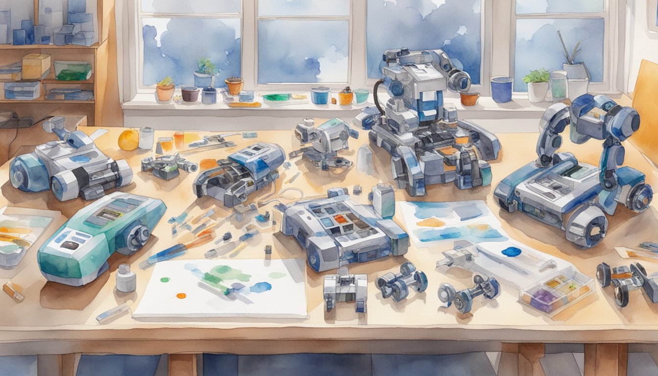 Eight robotics kits on a workshop table, with various components and tools spread out.</p><p>A poster of Thames & Kosmos Robotics Workshop on the wall