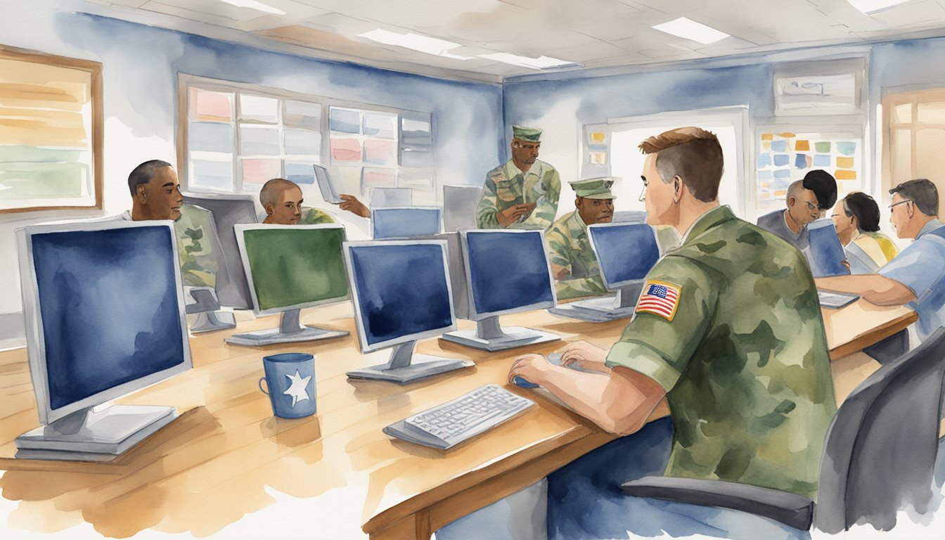 A group of military veterans accessing online college resources and support services.</p><p>Computer screens display top-rated colleges.</p><p>Military-themed decor adorns the room