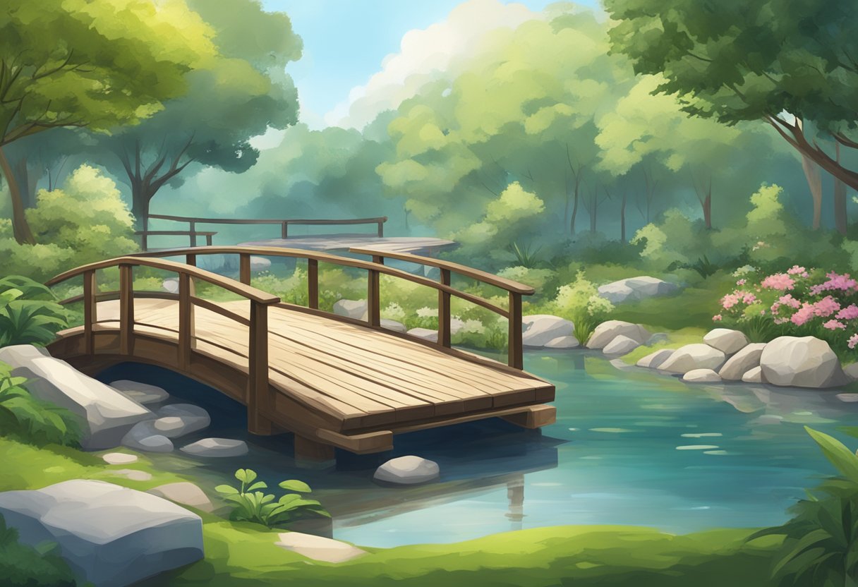 A serene pond surrounded by lush greenery and natural stones, with a wooden bridge and modern seating areas