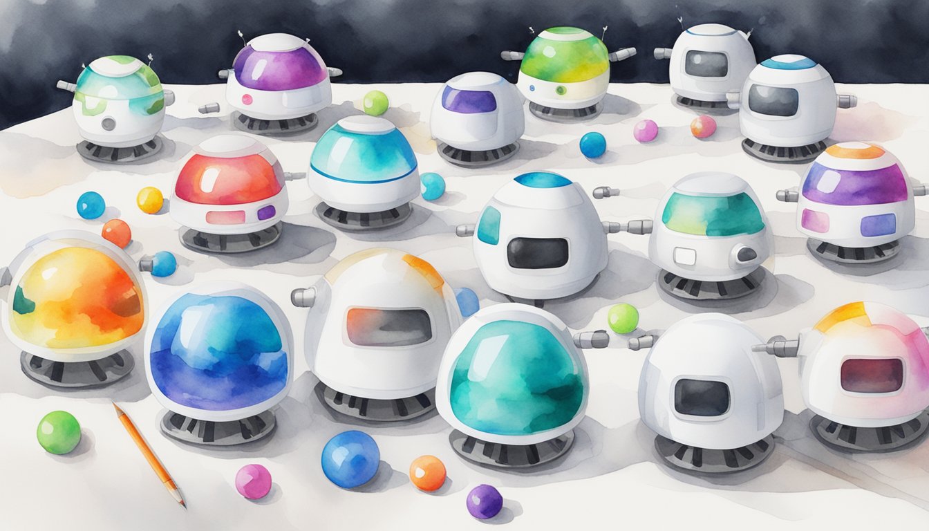 A group of Ozobot Bit coding robots are arranged on a table, surrounded by 8 robotics kits for beginners