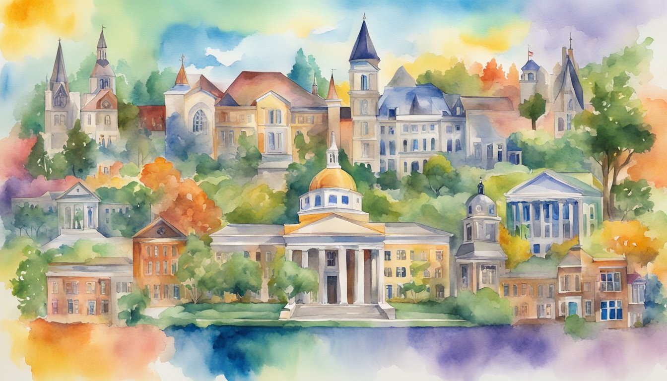 A colorful collage of college logos and campus landmarks arranged around a central "Cappex 8 Resources" title, with vibrant colors and dynamic composition