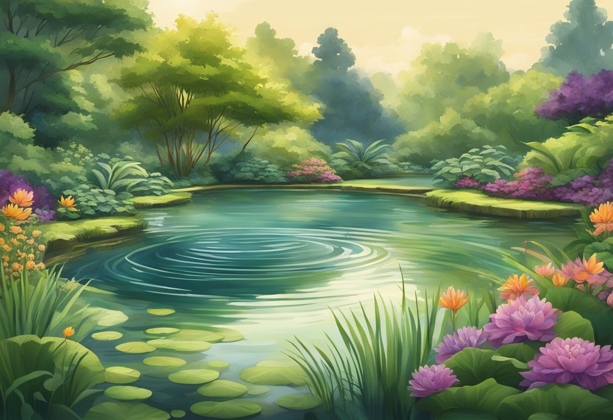 A tranquil pond with a powerful pump creating ripples and circulating water, surrounded by lush greenery and colorful aquatic plants