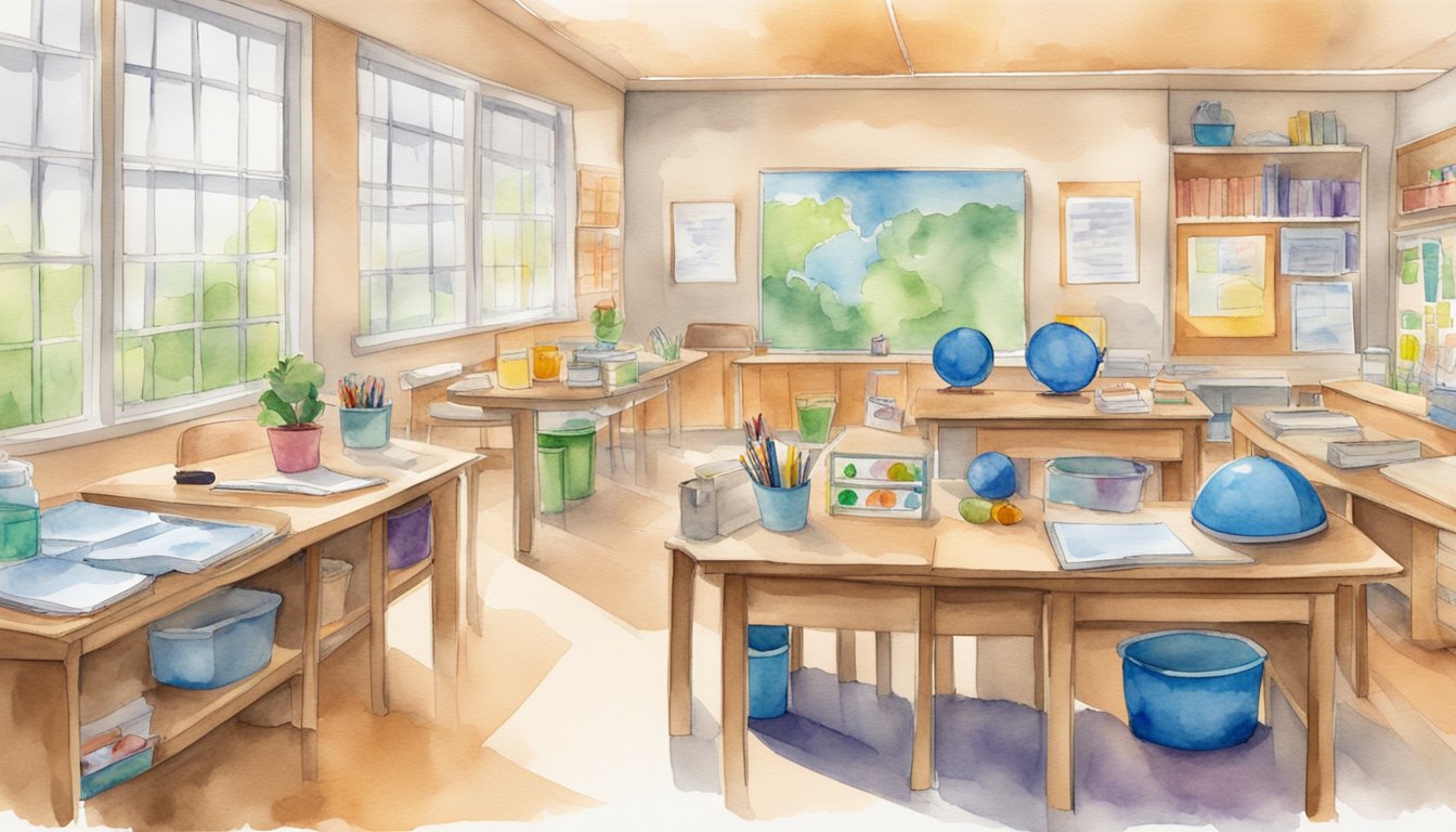 A classroom with diverse learning materials and tools, including visual aids, adaptive technology, and sensory-friendly resources