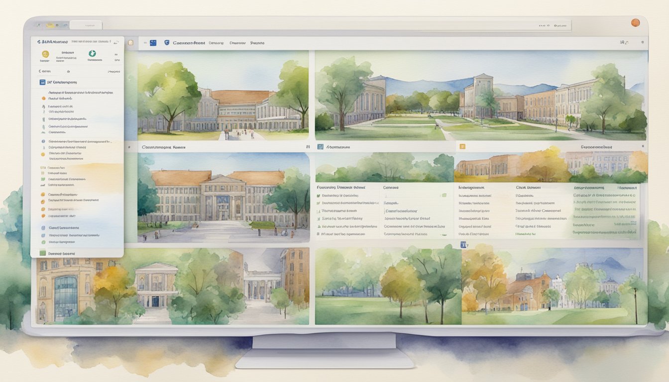 A computer screen displays various college comparison websites and campus research options.</p><p>Tabs open with lists of features and virtual campus tours