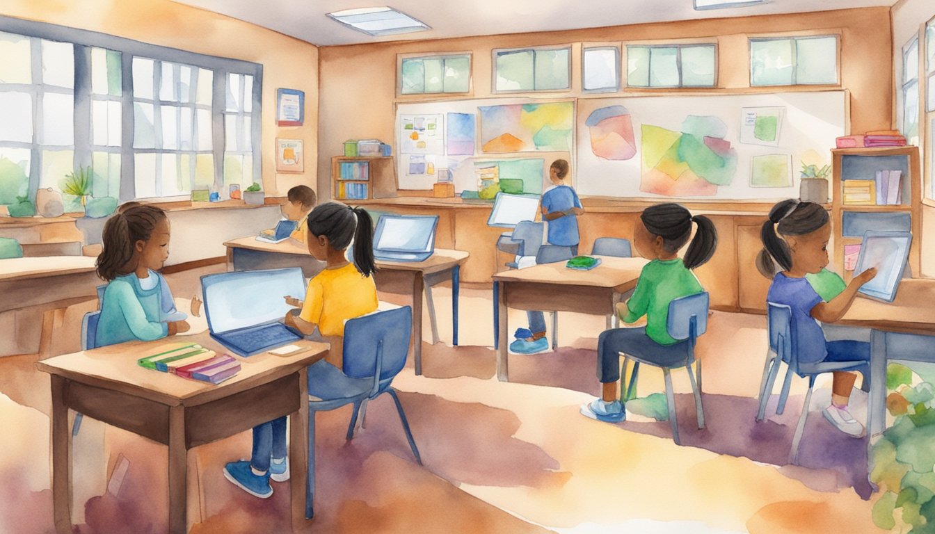 A classroom setting with diverse learning materials and technology.</p><p>A teacher and parent collaborate, surrounded by resources for special education