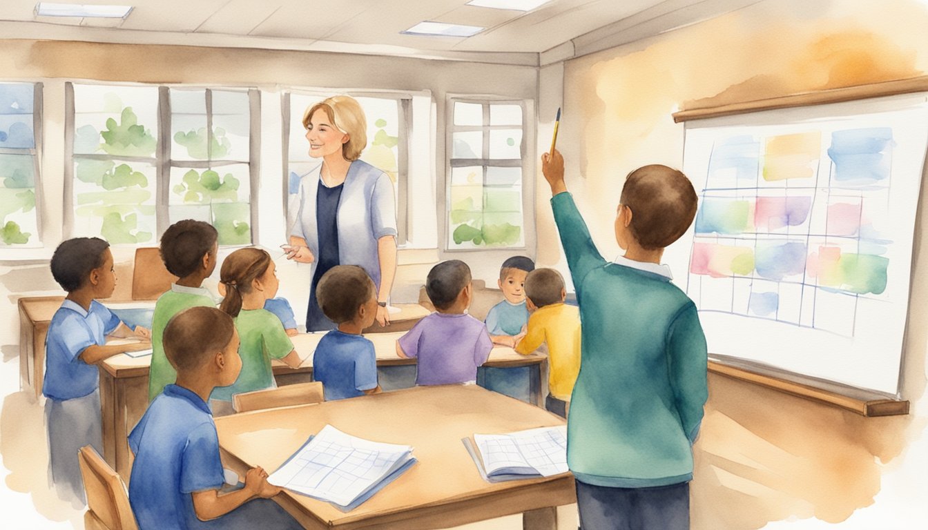 A teacher pointing to a chart of special education resources while students listen and take notes