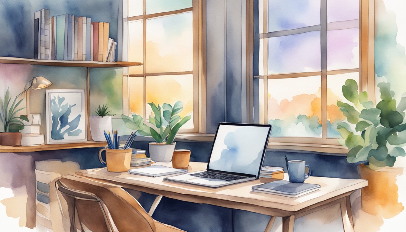 A clutter-free desk with a laptop, notebooks, and pens.</p><p>A comfortable chair and good lighting.</p><p>A motivational poster on the wall