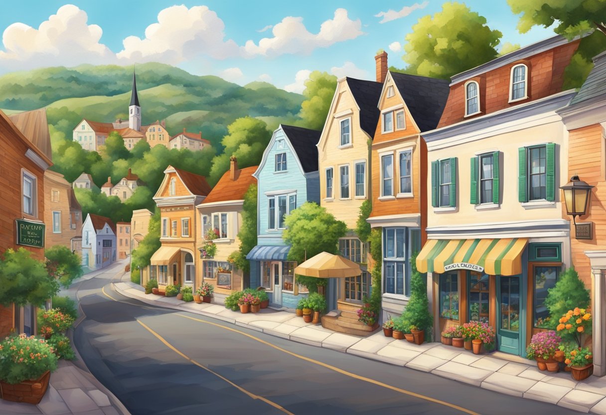 A quaint small town nestled in rolling hills, with colorful storefronts and cobblestone streets. Lush greenery surrounds historic buildings and a charming town square