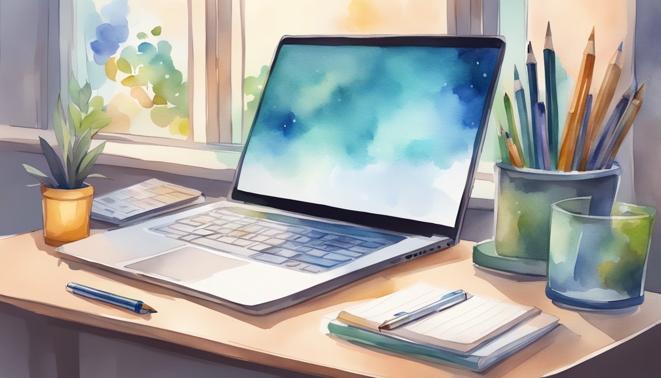 A desk with a laptop, notebook, and pen.</p><p>A calendar on the wall with study schedule.</p><p>App icons for study planners on the laptop screen