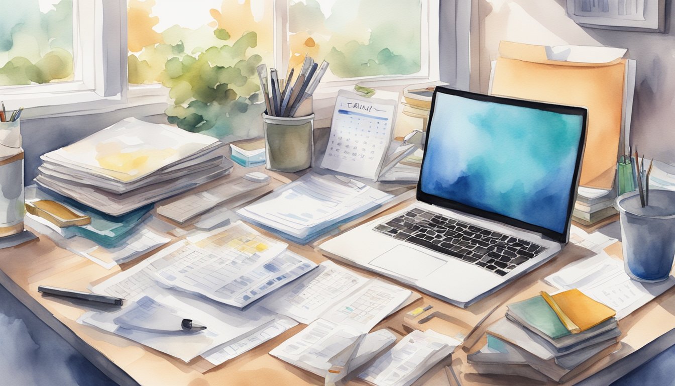 A cluttered desk with scattered papers and books, contrasted with a tidy digital workspace on a computer screen.</p><p>A calendar and to-do list displayed, along with various digital tools for organization