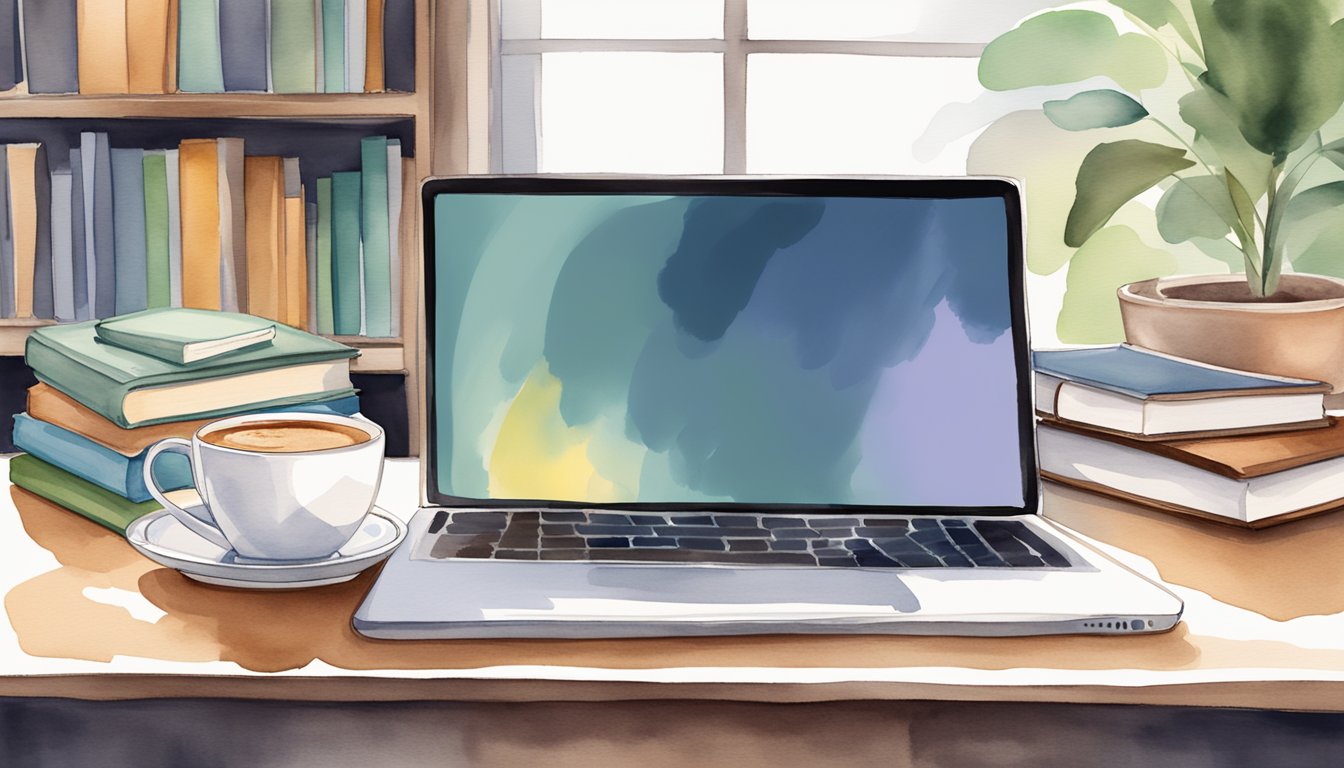 A laptop surrounded by books, a notepad, and a cup of coffee.</p><p>Virtual study groups logo on the screen.</p><p>Comfortable, well-lit environment