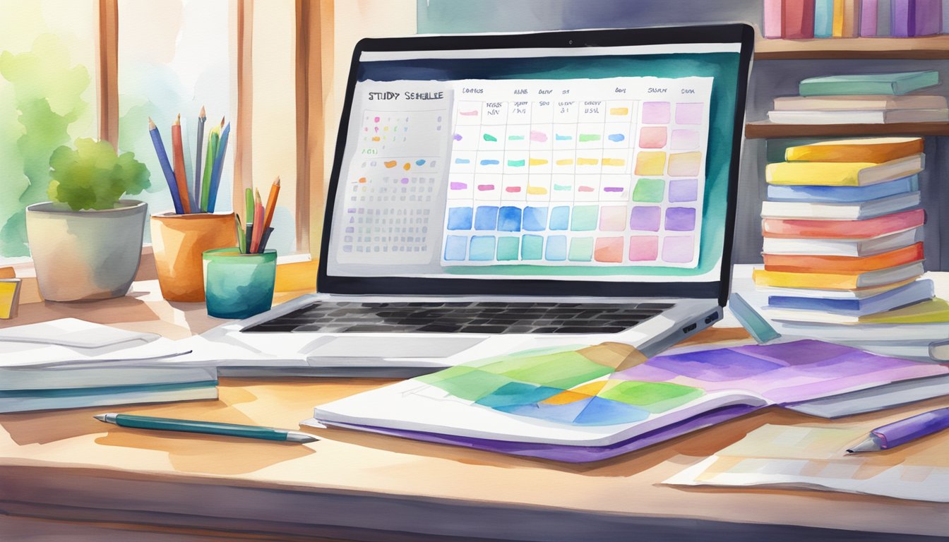 A desk with a laptop, notebooks, and colorful study planner apps displayed on the screen.</p><p>A calendar with study schedules and deadlines is visible in the background