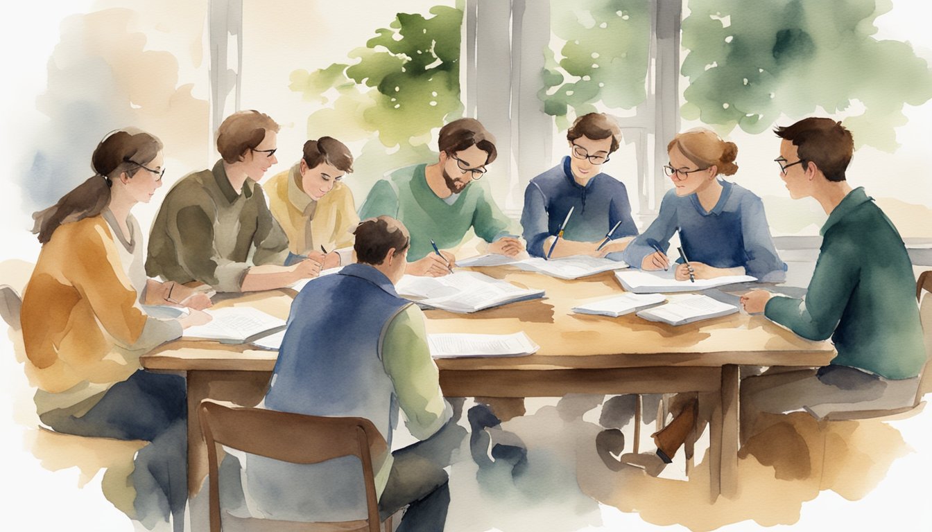 A group of eight writing tutors from Scribendi are gathered around a table, each with a pen and paper, discussing and collaborating to improve essays