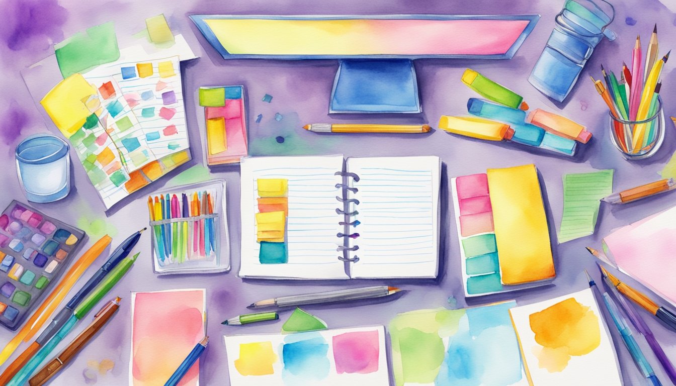 A desk with 8 colorful study planners open, each with different subjects and vibrant designs.</p><p>Pens, highlighters, and sticky notes scattered around