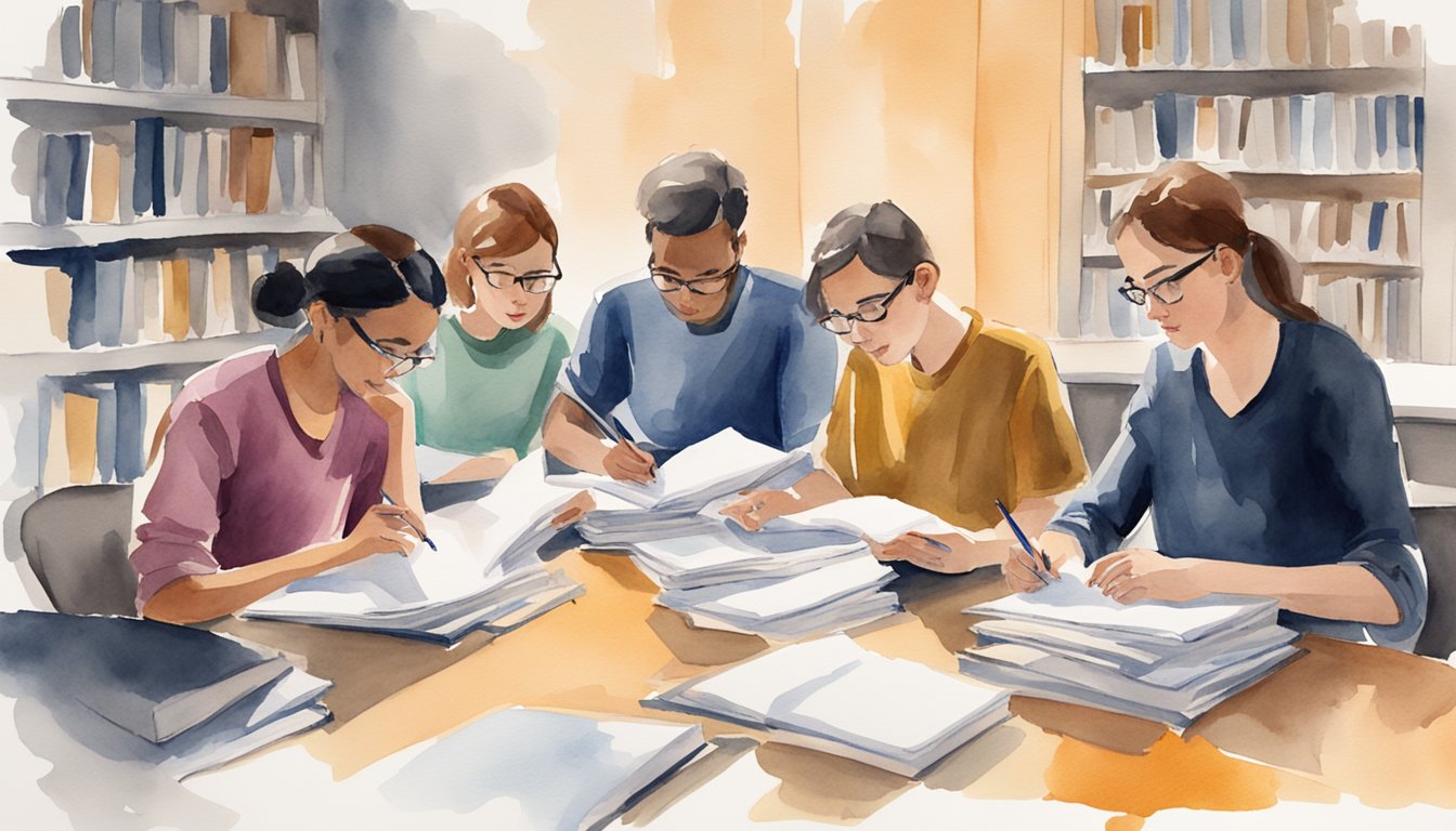 A group of writing tutors sit at a table, each with a stack of essays.</p><p>They are engaged in discussion, offering feedback and suggestions to improve the writing