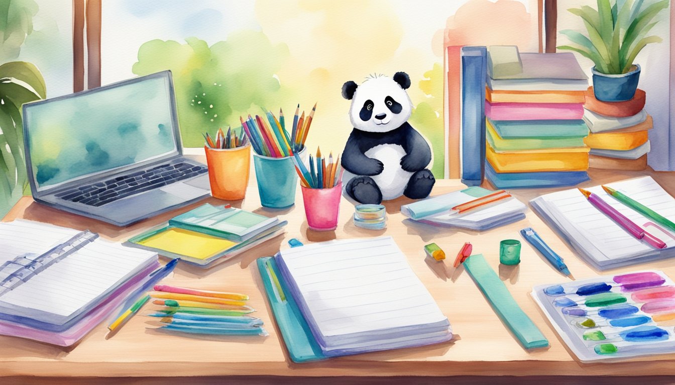 A group of 8 study planners with panda-themed covers arranged neatly on a desk, surrounded by colorful stationery and school supplies