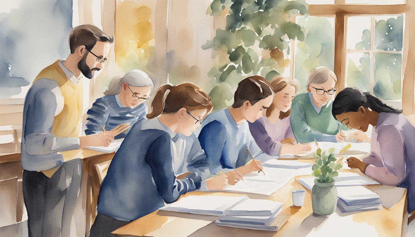 A group of writing tutors gather around a table, each one providing individualized feedback and guidance to students on how to improve their essays